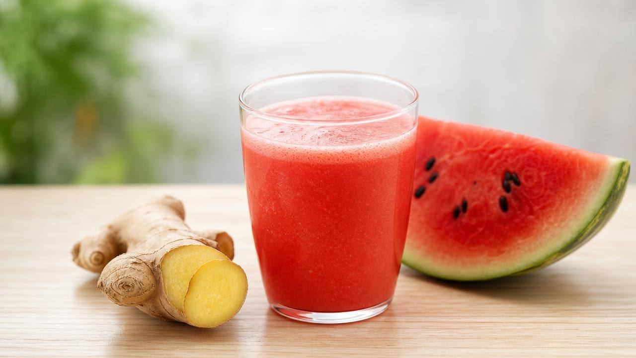 Copo de suco de melancia com gengibre fresco sobre mesa clara, com fatias de melancia ao fundo