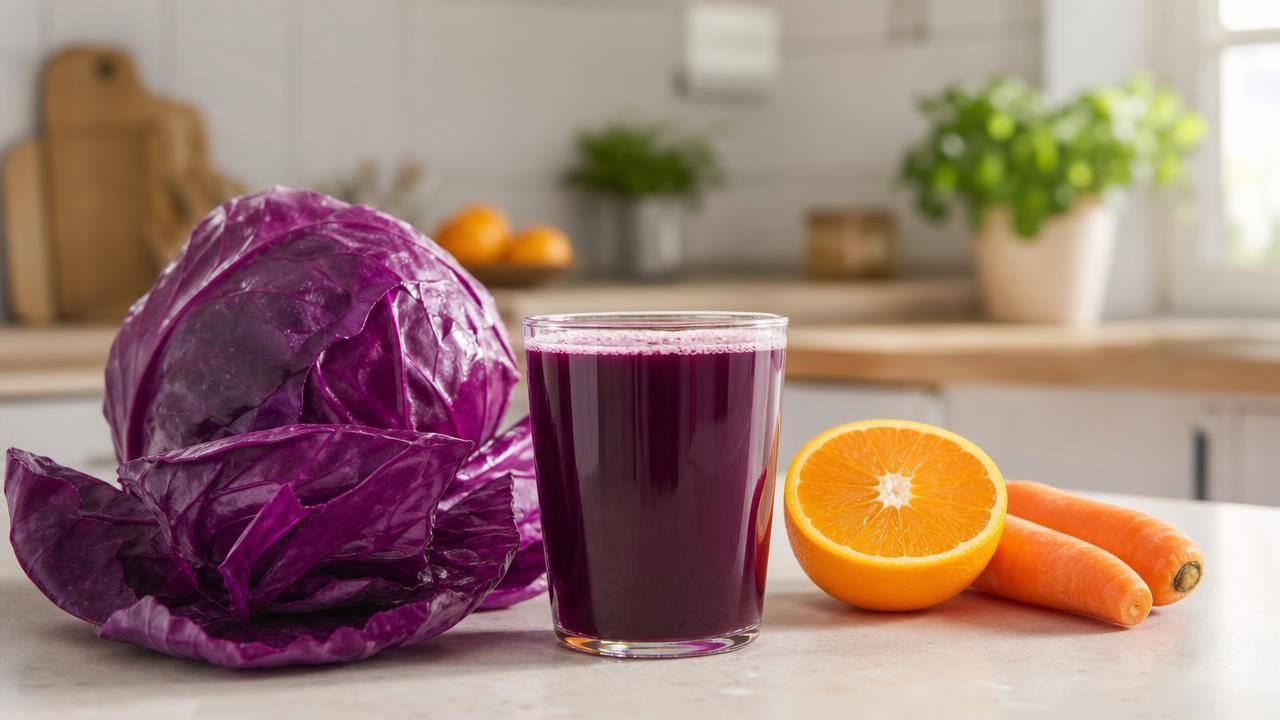 Copo de suco de repolho roxo ao lado de folhas frescas de repolho roxo e laranja fatiada