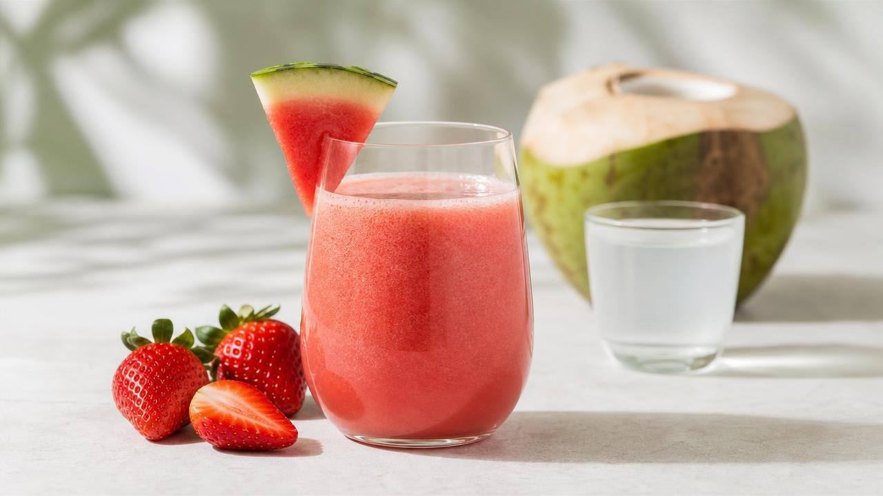 Copo de suco rosado de melancia e morango com pedaços de frutas frescas sobre bancada clara