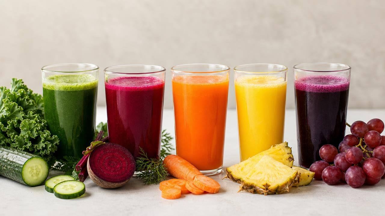 Copos com sucos naturais verde, vermelho, laranja, amarelo e roxo alinhados sobre uma mesa clara