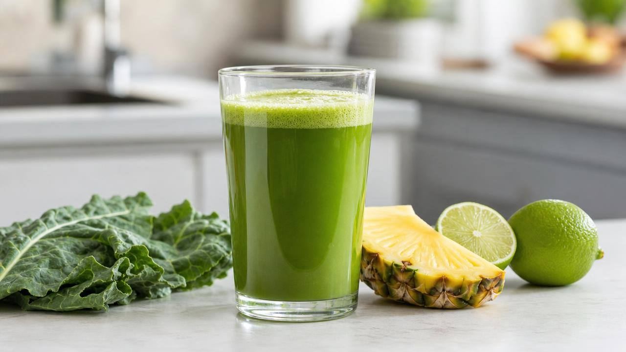 Copo de suco verde caseiro com couve, abacaxi e limão ao lado de frutas e vegetais frescos