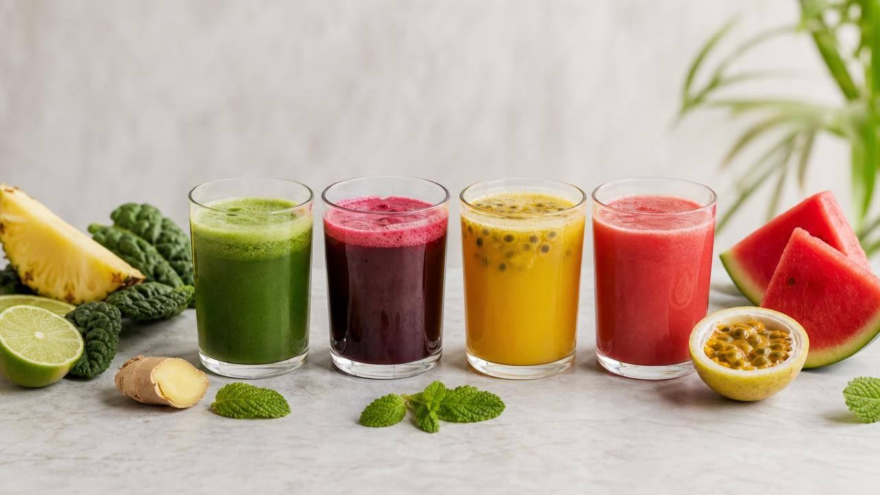 Copo de suco verde natural com abacaxi, couve e gengibre ao lado de frutas e vegetais frescos