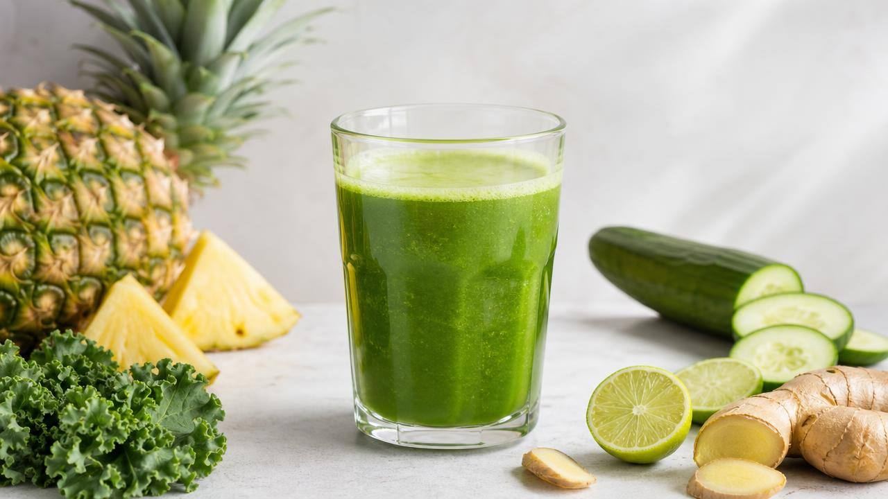 Copo de suco verde com frutas, folhas e legumes frescos organizados sobre bancada clara