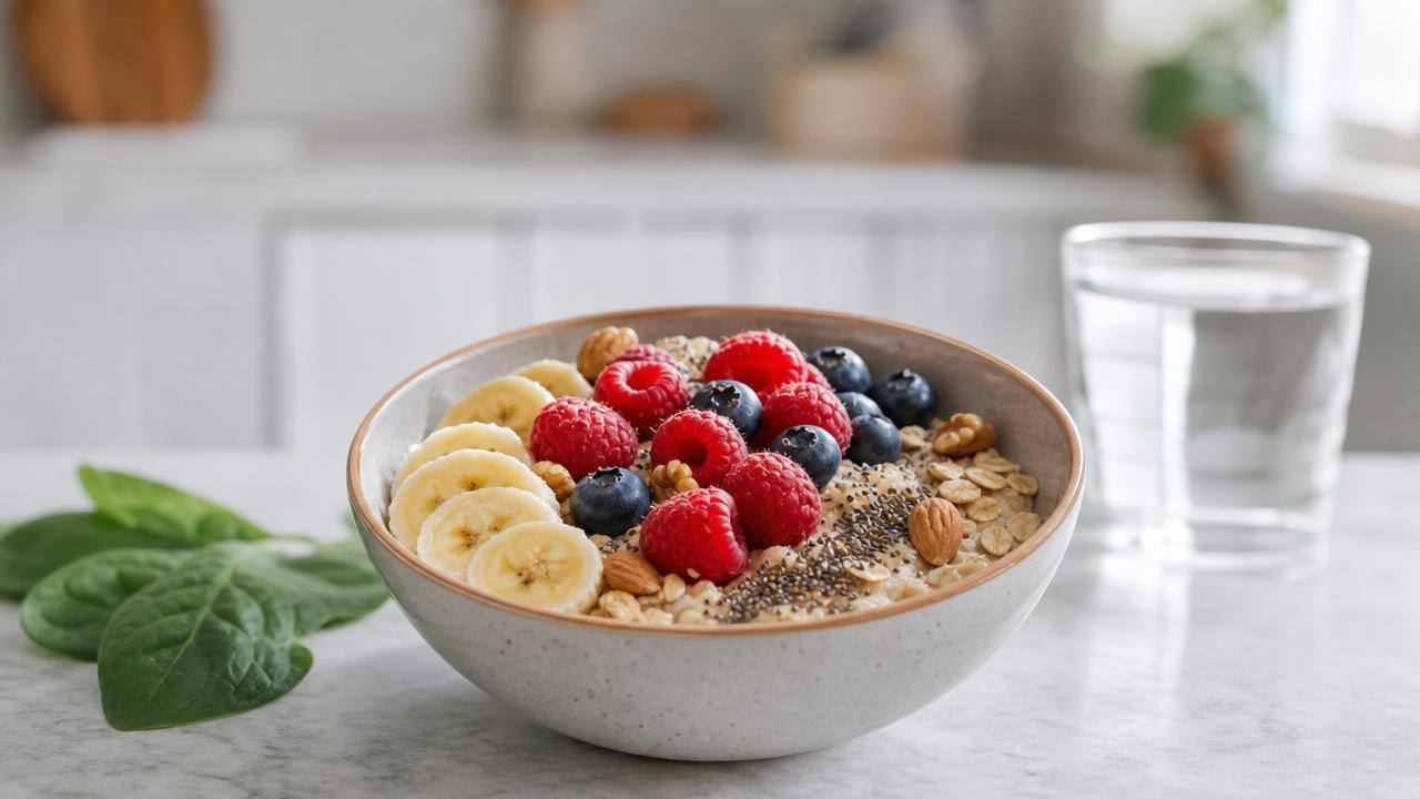 Bowl com frutas, aveia, sementes e castanhas em uma mesa clara, representando alimentação equilibrada para perda de peso