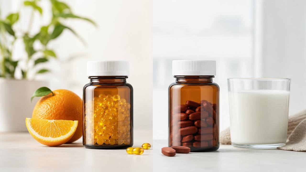 Frascos de suplementos de vitamina D e ferro organizados separadamente sobre uma mesa clara, com alimentos fonte de vitamina C ao lado.