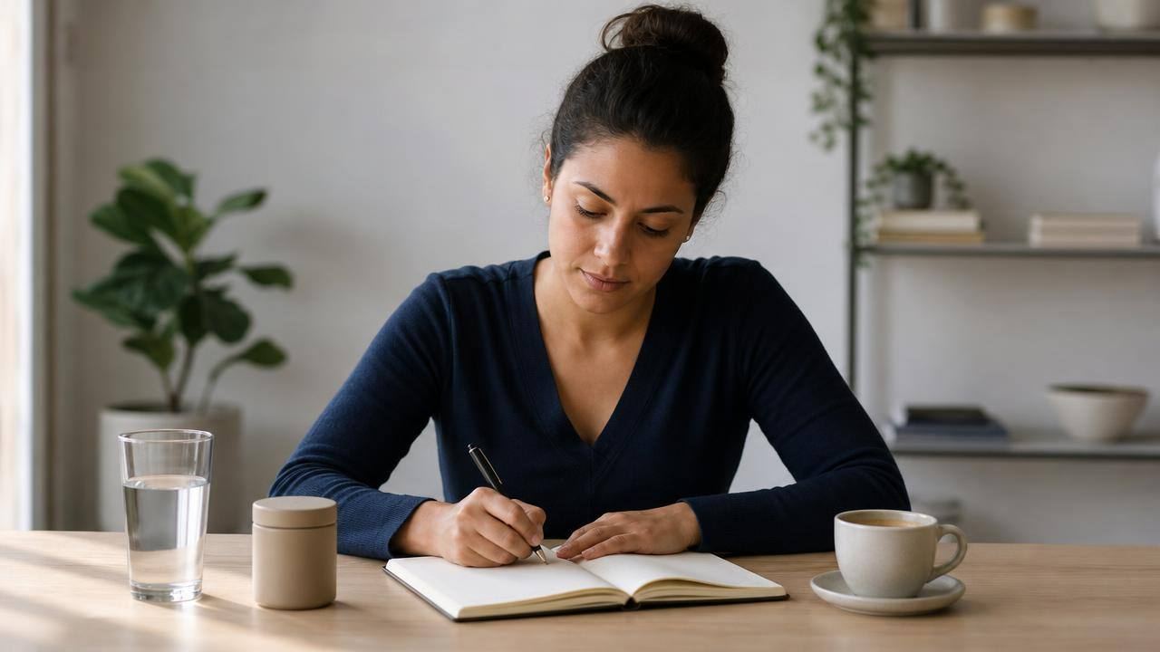 Pessoa adulta estudando em mesa organizada, com caderno, cápsulas e xícara de café em composição editorial limpa