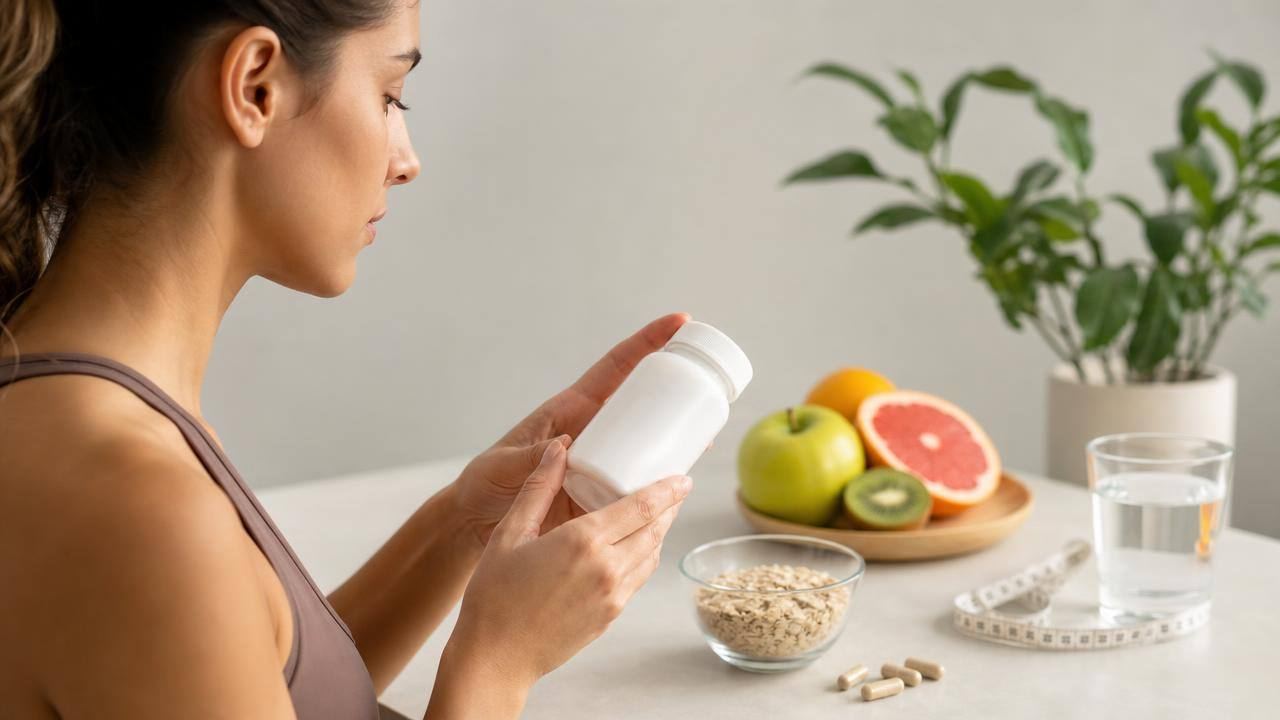 Pessoa analisando o rótulo de um suplemento alimentar ao lado de alimentos naturais e fita métrica