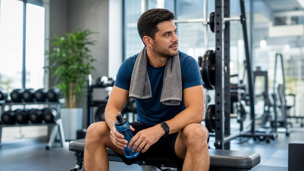 Pessoa em academia fazendo uma pausa entre exercícios, com garrafa de água e aparência concentrada
