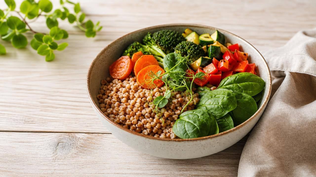 Tigela de trigo-sarraceno cozido com legumes frescos em mesa clara