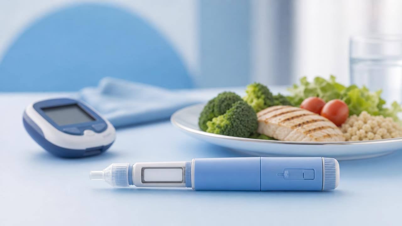 Caneta injetável para diabetes ao lado de medidor de glicose e alimentação equilibrada
