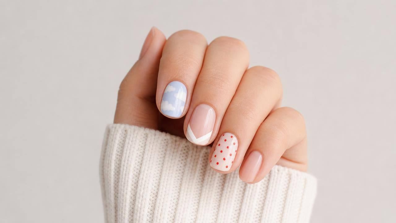 Mão com unhas decoradas para iniciantes em estilos de nuvens coloridas, traços minimalistas e poás