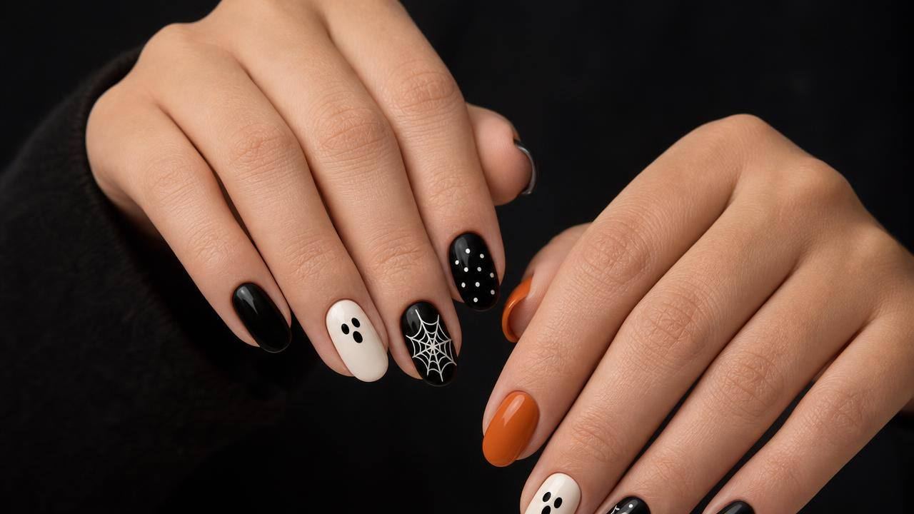 Mãos com unhas decoradas para Halloween em preto, laranja e branco, com fantasmas e teias minimalistas
