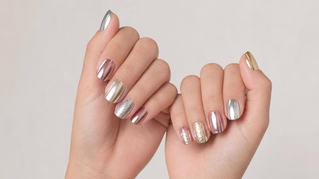 Mãos com unhas metalizadas em prata, dourado e rosa, fotografadas sobre fundo claro.