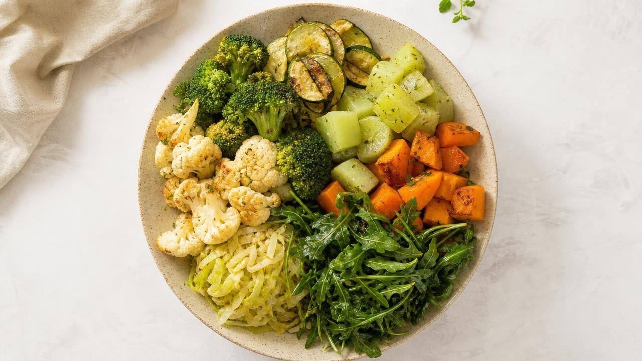 Prato equilibrado com brócolis, abobrinha, chuchu, repolho e folhas verdes frescas