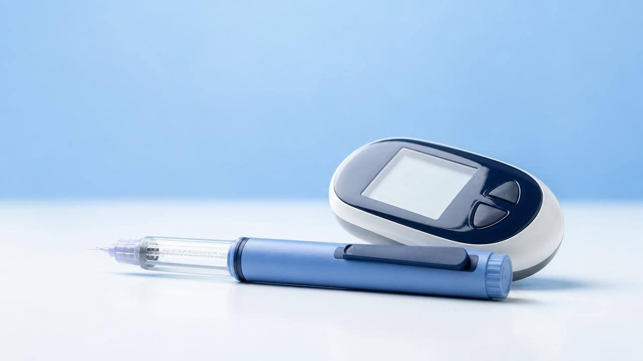 Caneta injetável para tratamento do diabetes tipo 2 ao lado de glicosímetro em fundo claro