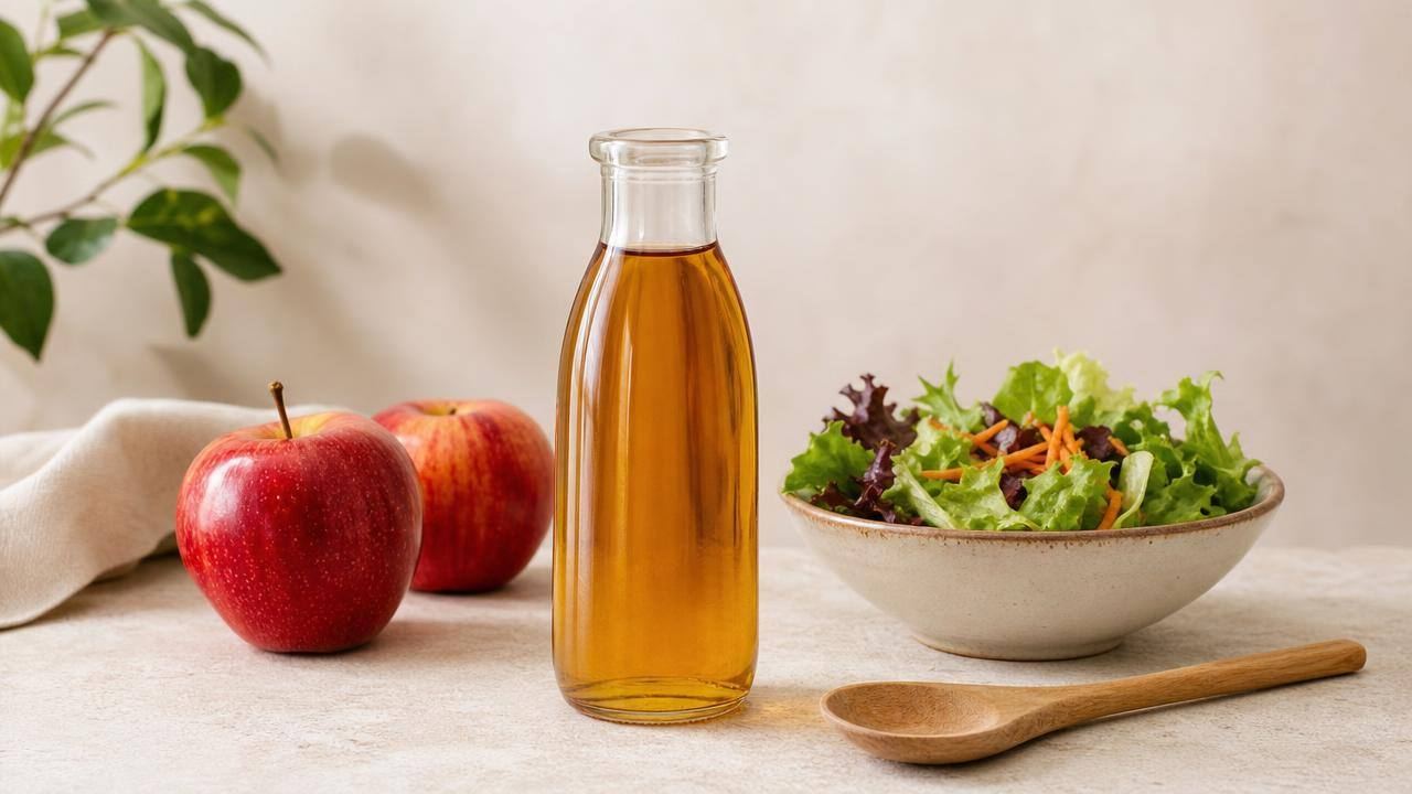 Frasco de vinagre de maçã ao lado de maçãs e uma salada em fundo claro