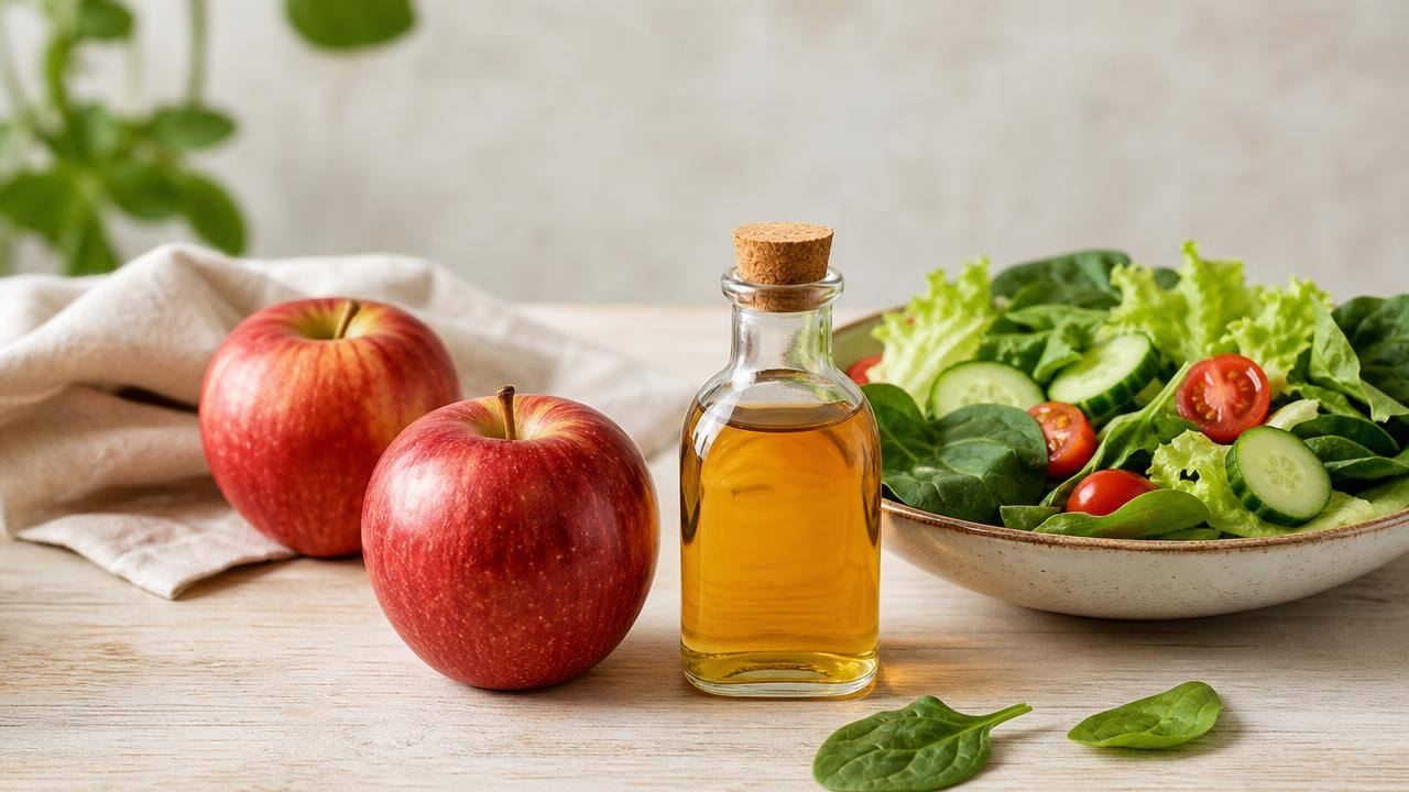 Frasco de vinagre de maçã ao lado de maçãs e salada em uma mesa clara, representando alimentação e controle da glicemia