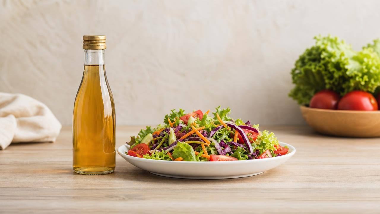 Frasco de vinagre de maçã ao lado de uma salada fresca em mesa clara