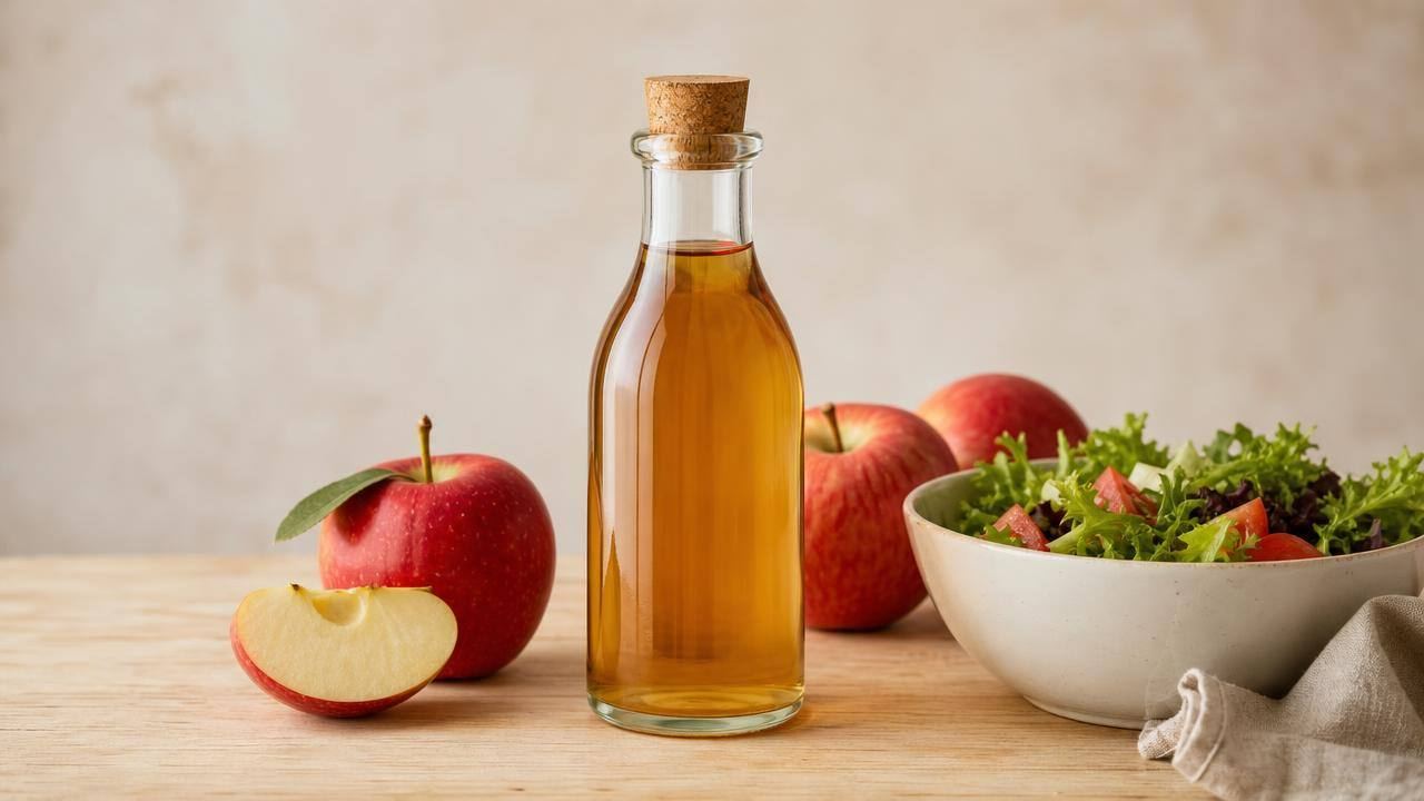 Frasco de vinagre de maçã ao lado de maçãs e salada em composição limpa de cozinha