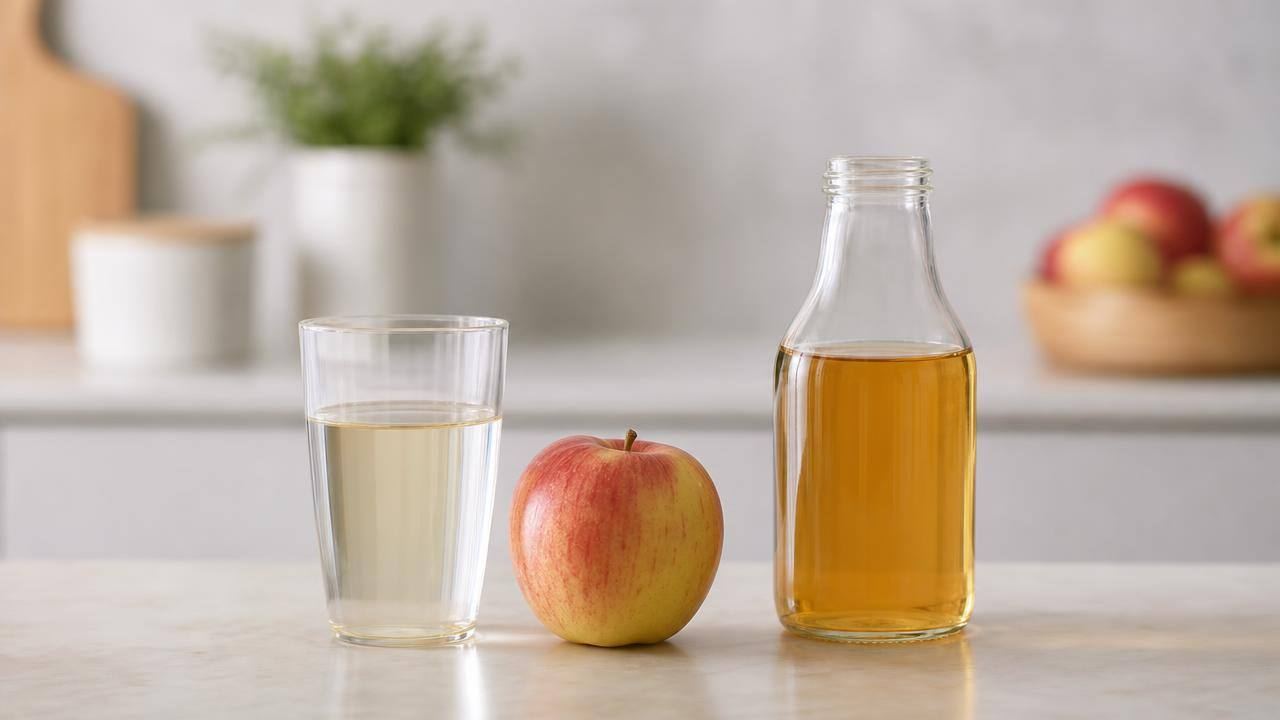 Copo de água com pequena quantidade de vinagre e maçãs sobre mesa clara, em composição editorial limpa