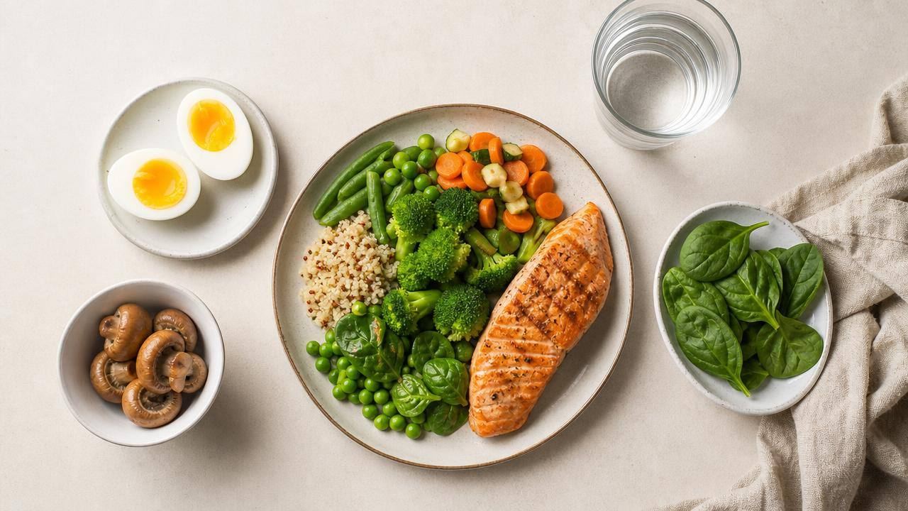Peixes, ovos e cogumelos organizados em uma mesa clara ao lado de um prato equilibrado, representando vitamina D e alimentação saudável
