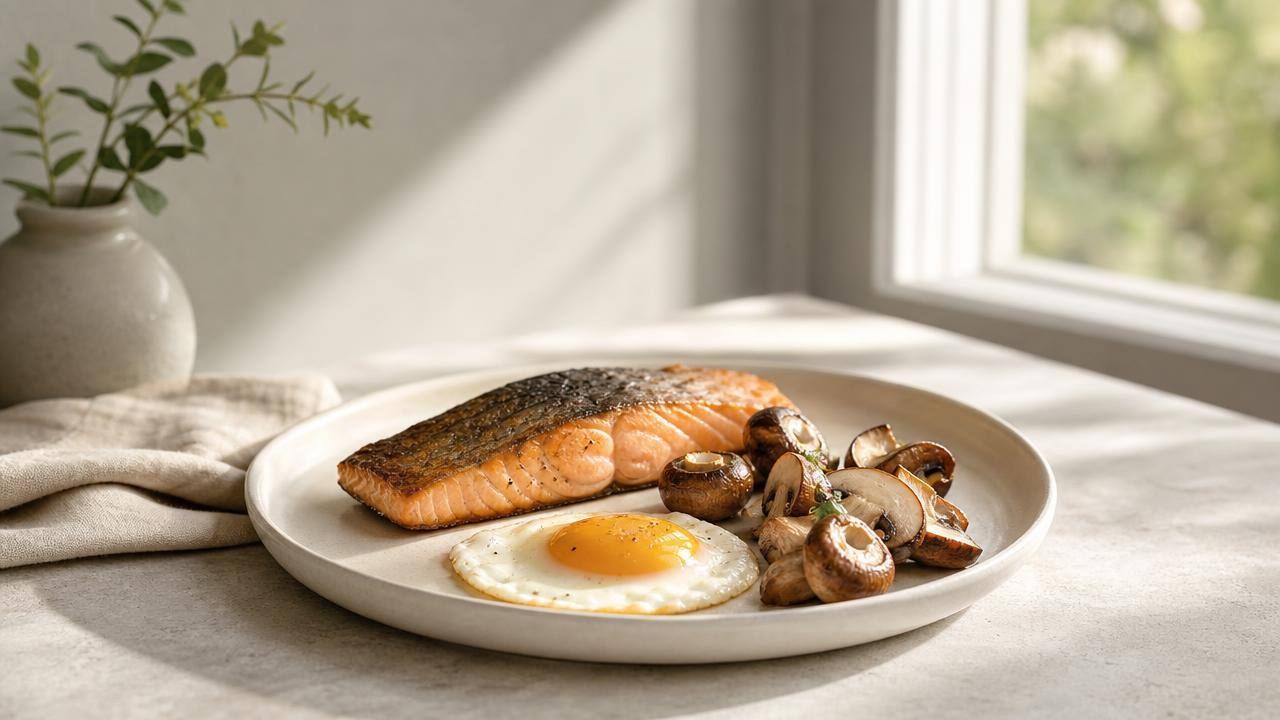 Prato equilibrado com peixe, ovo e cogumelos ao lado de uma janela com luz natural, representando fontes e cuidados com a vitamina D.