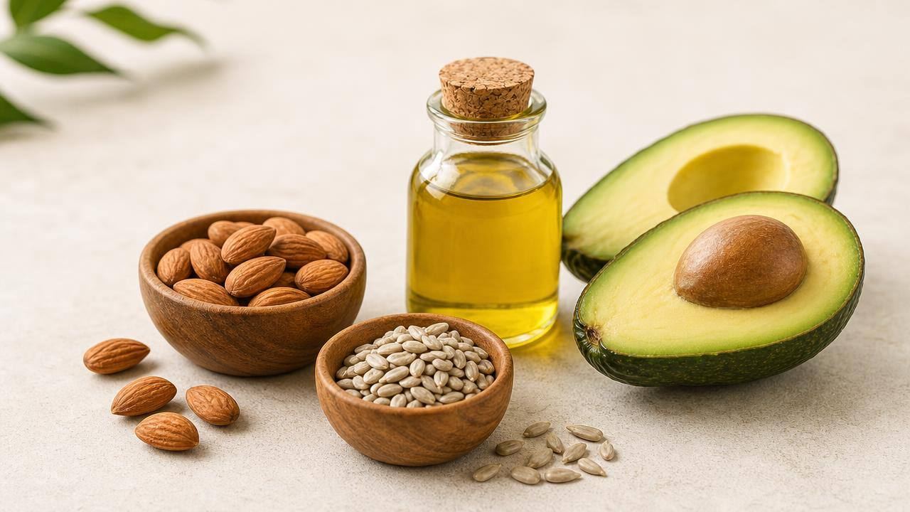 Alimentos fontes de vitamina E, como amêndoas, sementes, abacate e azeite, organizados em composição limpa