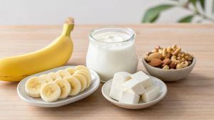 Banana, iogurte natural, nozes e queijo minas frescal organizados sobre uma mesa clara