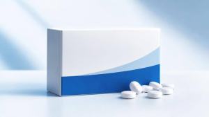 Ilustração de Comprimido e embalagem genérica de acetazolamida sobre superfície clara, em composição editorial limpa