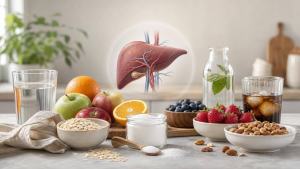 Ilustração de Pessoa comparando rótulos de bebidas e alimentos açucarados ao lado de frutas e água em uma cozinha clara