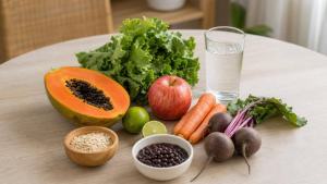 Mesa clara com frutas, verduras, feijão, aveia e água, representando alimentação equilibrada