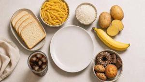 Ilustração de Alimentos ricos em carboidratos, como pão, massas, doces e batatas, organizados ao redor de um prato vazio