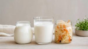 Ilustração de Pote de iogurte natural, kefir e vegetais fermentados em mesa clara, representando alimentos fermentados e microbioma