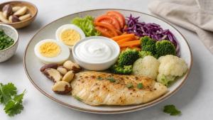 Prato equilibrado com peixe, ovos, laticínios, castanha-do-pará e vegetais, representando nutrientes importantes para a tireoide