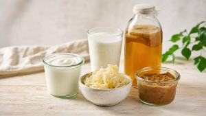 Ilustração de Iogurte natural, kefir, vegetais fermentados e kombucha dispostos sobre uma mesa clara