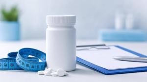 Frasco de medicamento e fita métrica sobre uma mesa clara, representando cuidados com remédios para emagrecer