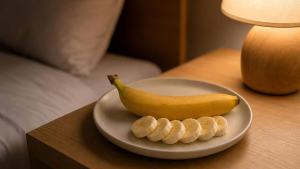 Ilustração de Banana madura em um prato claro sobre mesa de cabeceira minimalista, com iluminação suave noturna
