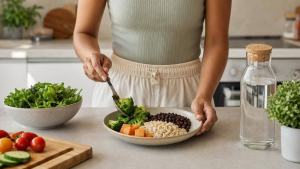 Pessoa preparando uma refeição equilibrada com vegetais e água sobre uma bancada, em ambiente claro e moderno