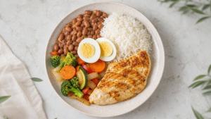 Ilustração de Prato equilibrado com feijão, arroz, ovo, vegetais e peixe como fontes de proteína