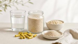 Ilustração de Pote de psyllium e cápsulas de berberina ao lado de copo com água e alimentos naturais