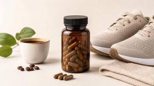 Frasco neutro de cápsulas de cafeína ao lado de uma xícara de café e tênis de corrida, em composição limpa e profissional.