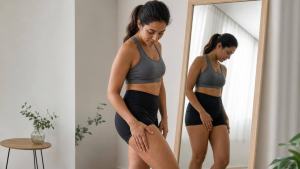 Mulher com roupa esportiva observando a pele das coxas em ambiente claro e moderno