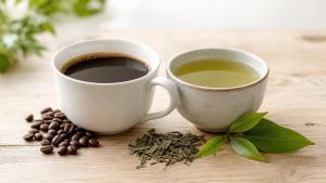 Ilustração de Xícara de café preto e xícara de chá verde sobre mesa clara, em composição limpa e equilibrada