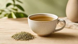 Xícara de chá-mate quente ao lado de folhas de erva-mate em composição limpa e profissional