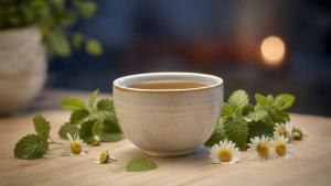 Ilustração de Xícara de chá de ervas ao lado de flores de camomila e folhas verdes em mesa clara, em ambiente noturno acolhedor