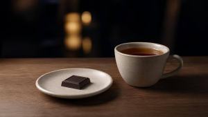 Ilustração de Quadrado de chocolate amargo em pequeno prato ao lado de uma xícara de chá, em ambiente noturno e minimalista