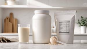 Ilustração de Pote de whey protein ao lado de copo com shake, colher dosadora e rótulo nutricional em ambiente clean