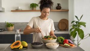 Ilustração de Pessoa preparando uma refeição equilibrada com frutas, verduras, grãos e água em uma cozinha clara e organizada