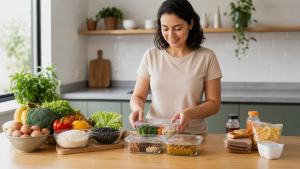 Ilustração de Pessoa organizando frutas, verduras, feijão e arroz em uma bancada de cozinha, com poucos alimentos embalados ao lado