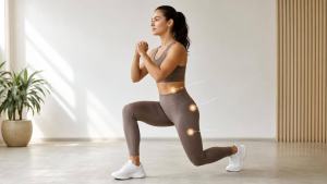 Pessoa praticando exercícios com ilustrações discretas indicando barriga, coxas e quadril